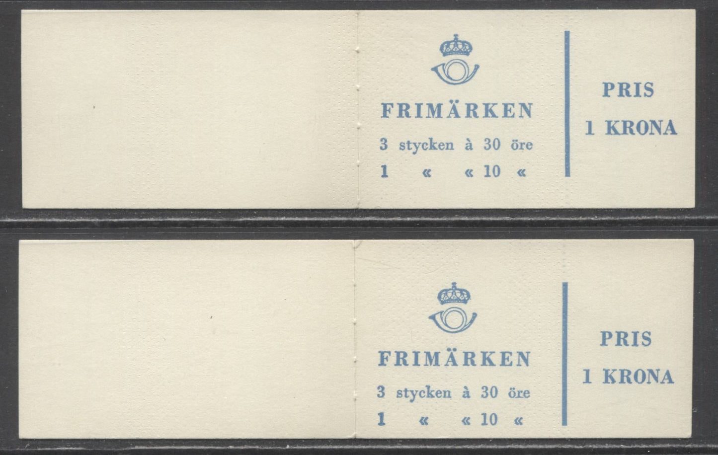 Sweden SC#584b (Facit HA8RH)/584b (Facit HA8OH) 1961 Re-Engraved King Gustav VI Adolf Definitive Issue, Both With Blank Selvedge, Inverted Panes, 10 Ore On Left And Right, 2 VFNH Booklets of 4 (3 +1), Estimated Value $10