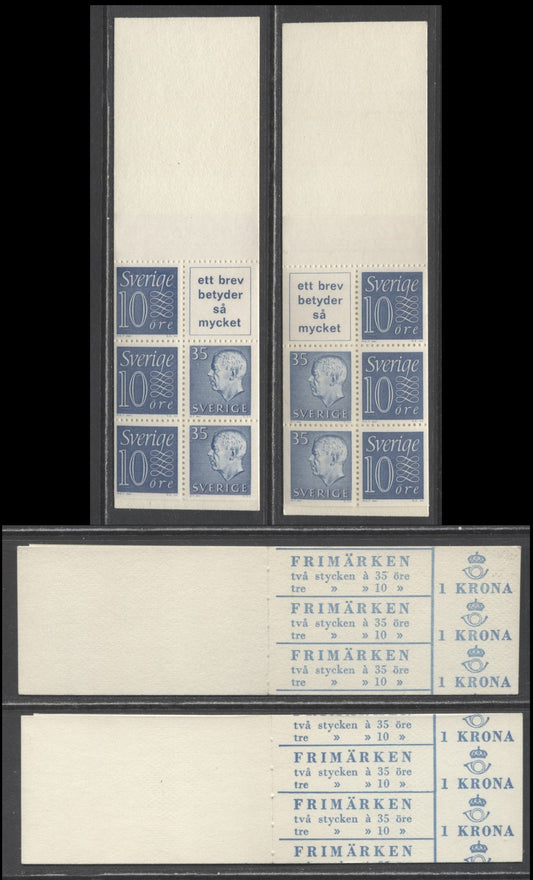 Sweden SC#586c (Facit #HA11BRH)/586c (Facit #HA11BRV) 1963 King Gustav VI Adolf Definitive Issue, With Inscribed Labels, Upright Panes, 10 Ore Stamps At Right and Left, Repeating Text Cover, 2 VFNH Booklets of 6 (2 +3 + Label), Estimated Value $5