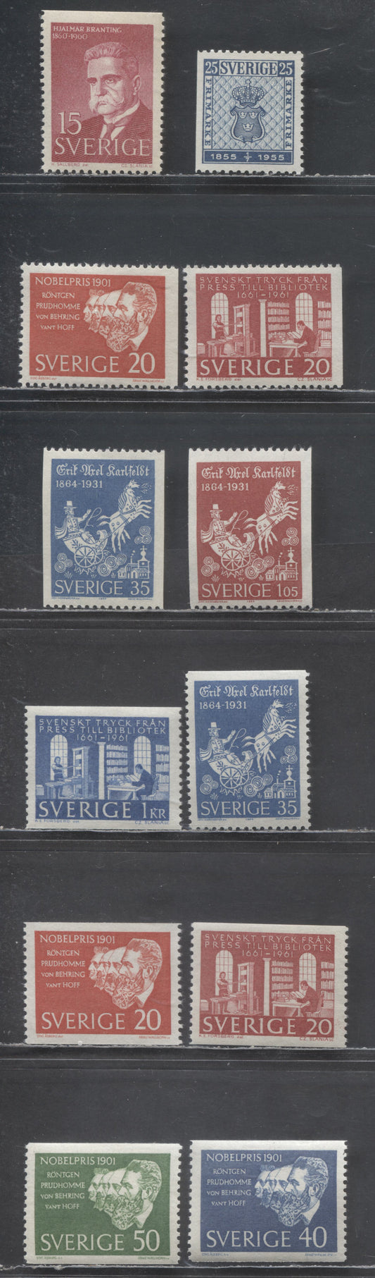 Sweden SC#476/642 1955 Stamp Centenary - 1964 Erik Axel Karfeldt Issues, 12 VFNH Singles, 2017 Scott Cat. $14.1