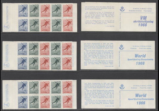 Sweden SC#698a (Facit #H176A1/H176B2) 1966 World Speed Skating Championships Issue, Bright Blue on White English, And Ultramarine Swedish Covers, Bisected and No Registration Markings, 3 VFNH Booklets of 10 (2+4+4), Estimated Value $7