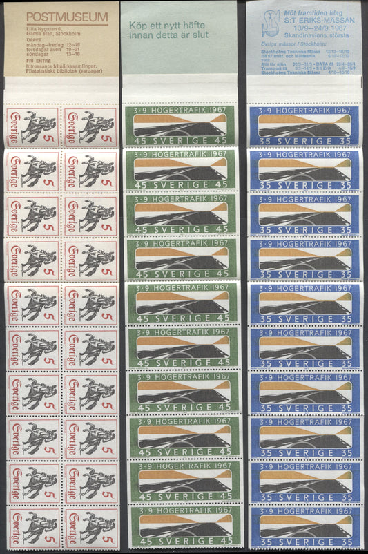 Sweden SC#735a(Facit #H192)/756a (Facit #H195CII) 1967 Adoption  of Right Hand Driving Issue & Pictorial Definitives, LF and DF Covers, 3 VFNH Booklets Of 10 And 20, Click on Listing to See ALL Pictures, Estimated Value $6