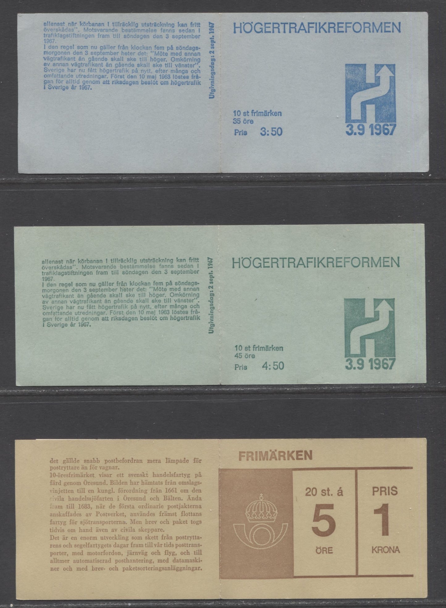 Sweden SC#735a(Facit #H192)/756a (Facit #H195CII) 1967 Adoption of Right Hand Driving Issue & Pictorial Definitives, LF and DF Covers, 3 VFNH Booklets Of 10 And 20, Click on Listing to See ALL Pictures, Estimated Value $6