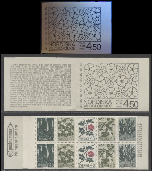 Sweden SC#786a (Facit #H205AT1) 45 Ore Deep Green, Olive Green & Carmine 1968 Wildflowers Issue, 85 x 63 mm Cover, Perforations at Right Mechanically Trimmed Rather Than Torn, A VFNH Booklet Pair, Estimated Value $15
