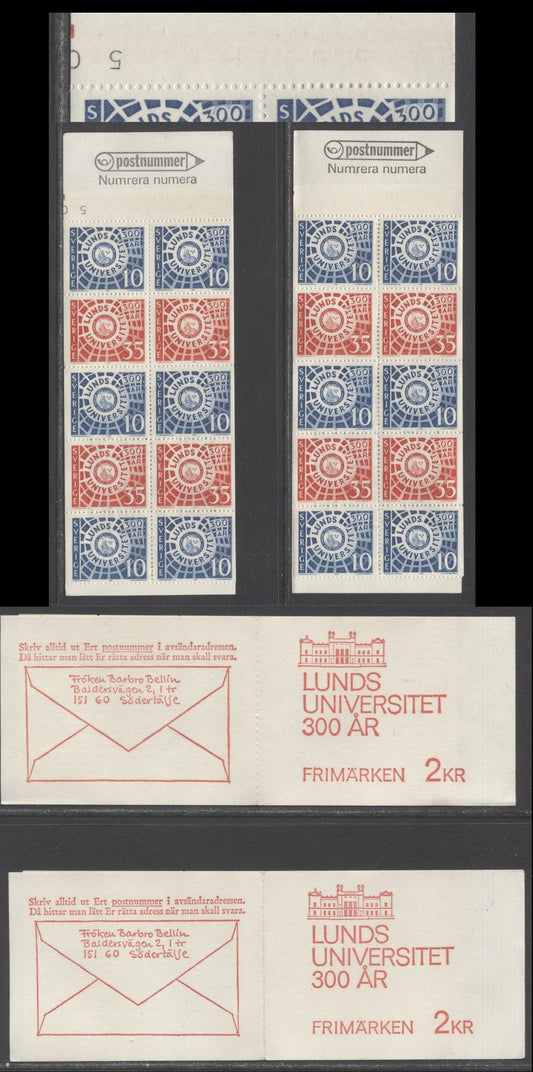Sweden SC#781a (Facit #H206) 10 ore Blue & 35 Ore Scarlet 1968 Lund University Issue, MF Covers, Blank Tab and 2 Digits of Control Number on Tab, 2 VFNH Booklets of 10 (6+4), Click on Listing to See ALL Pictures, Estimated Value $5