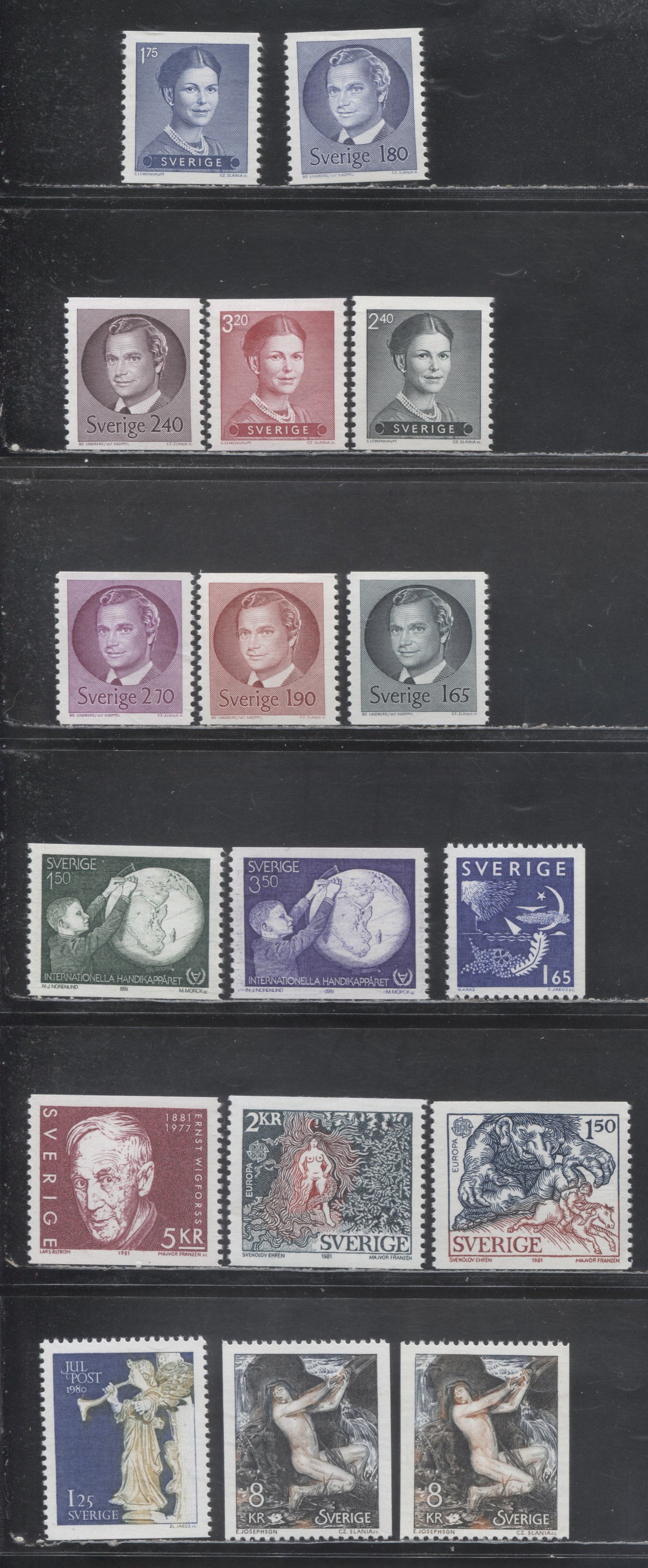 Sweden SC#1339/1376 1980 Christmas - 1981 Day & Night Definitives, Including 8Kr With Textured Gum And Smooth Gum, 17 VFNH Singles, Click on Listing to See ALL Pictures, 2017 Scott Cat. $22.8