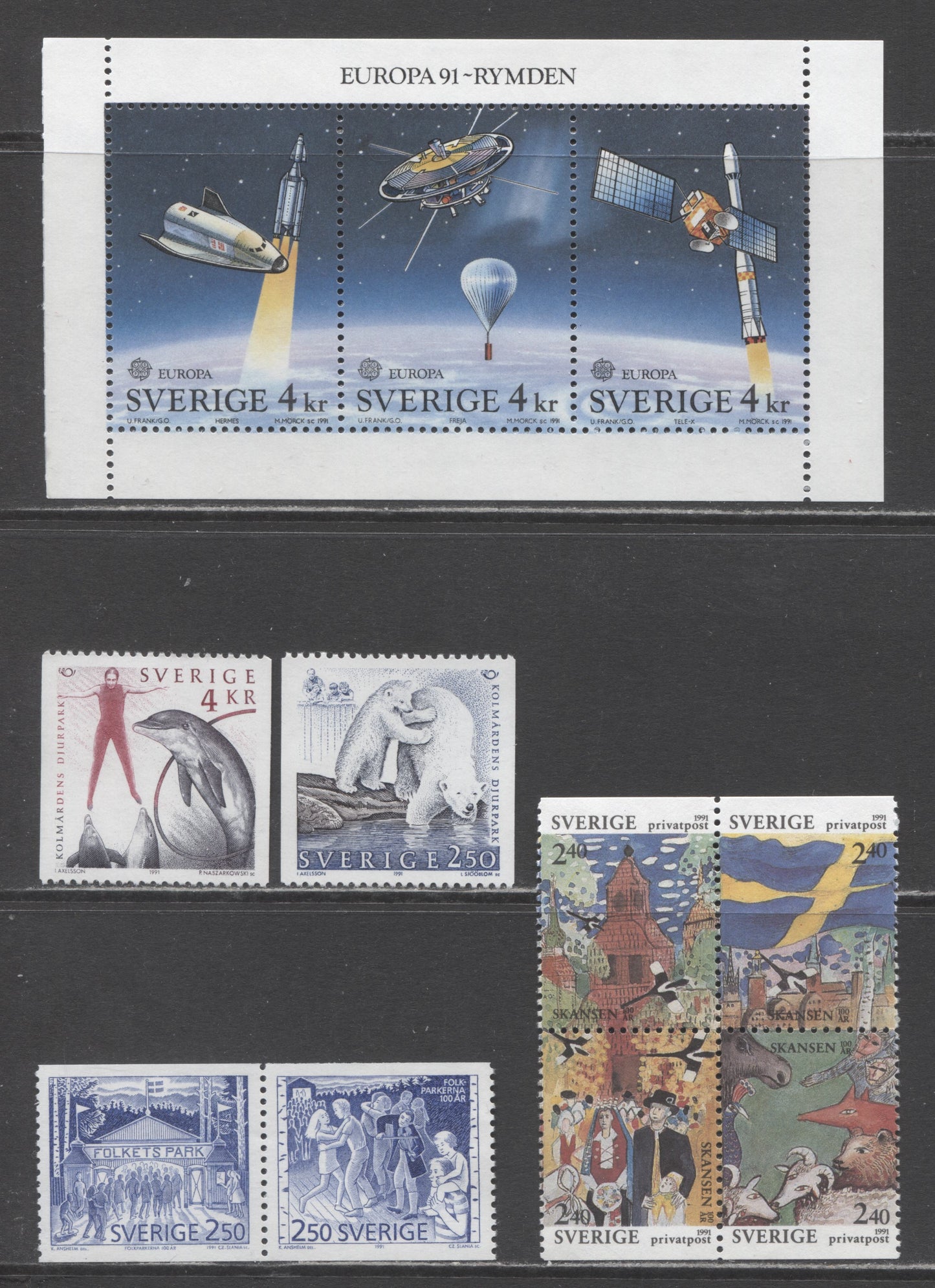 Lot 261 Sweden SC#1883/1897a 1991 Skansen Park Anniversary - 1991 Europa Issues, 4 VFNH Singles, A Souvenir Sheet of 3 and Booklet Block of 4, Click on Listing to See ALL Pictures, 2017 Scott Cat. $12.15