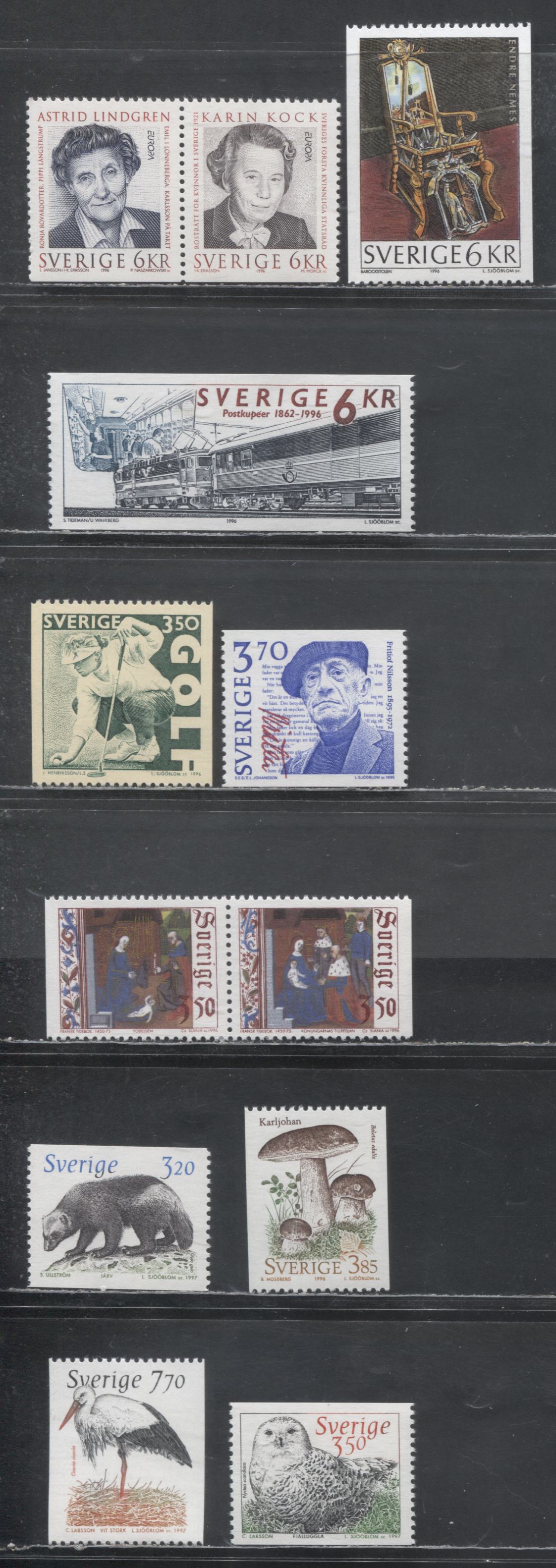 Sweden SC#2144/2209 1995 Fritiof Nilsson - 1997 Wildlife Definitives, 12 VFNH Singles, Click on Listing to See ALL Pictures, 2017 Scott Cat. $20.95