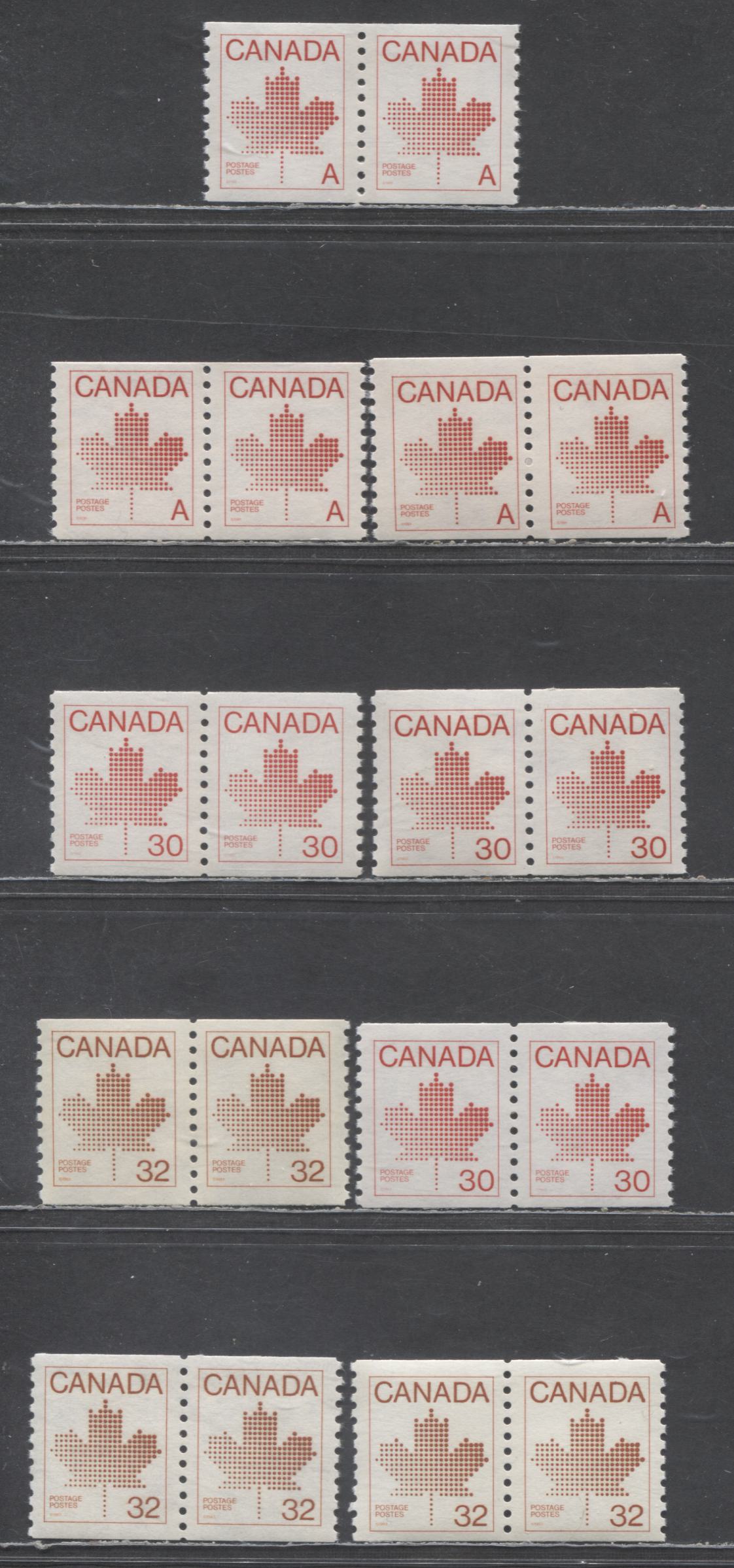 Canada #908,ii,950, 951,iii A(30c), 30c & 32c Red Maple Leaf, 1981-1983 Non-Denominated 'A' Definitive, 8 VFNH Pairs On Various Abitibi & Clark Papers