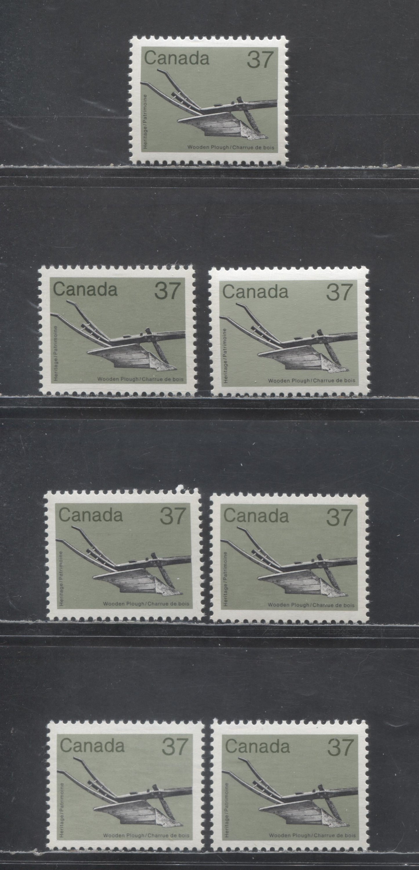 Canada #927,iii,v,i 37c Gray Green & Multicolored Wooden Plough, 1982-1987 Medium-Value Artifact Definitives, 7 VFNH Singles On NF/NF, NF/DF, DF/LF & LF/F Clark & Abitibi Papers