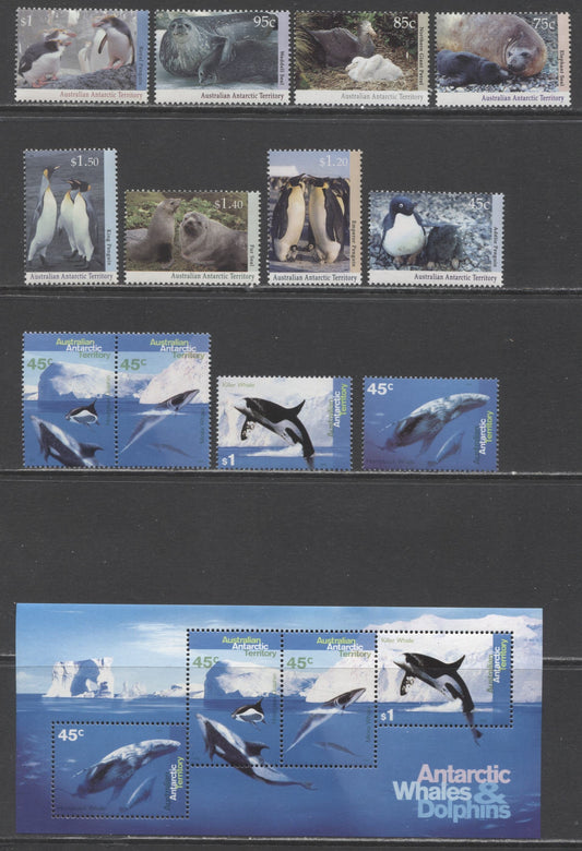 Lot 97 Australian Antarctic Territory SC#L83/L97a 1992-1995 Regional Wildlife - Whale Definitives, 13 VFNH Singles & Souvenir Sheet, Click on Listing to See ALL Pictures, 2017 Scott Cat. $26.85