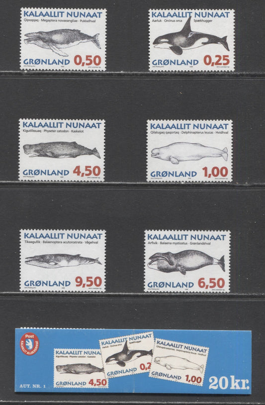 Lot 19 Greenland SC#303-308 1996 Whales Issue, 7 VFNH Singles & Booklet Of 10, Click on Listing to See ALL Pictures, 2017 Scott Cat. $18.9