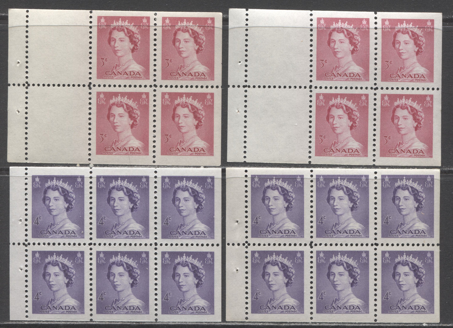 Canada #327b, 328b 3c-4c Cerise & Violet Queen Elizabeth II, 1953-1954 Karsh Issue, 4 VFNH Booklet Panes of 6 & 5 + Label, Different Shades On 3c, Cream and Yellowish Gum On 4c