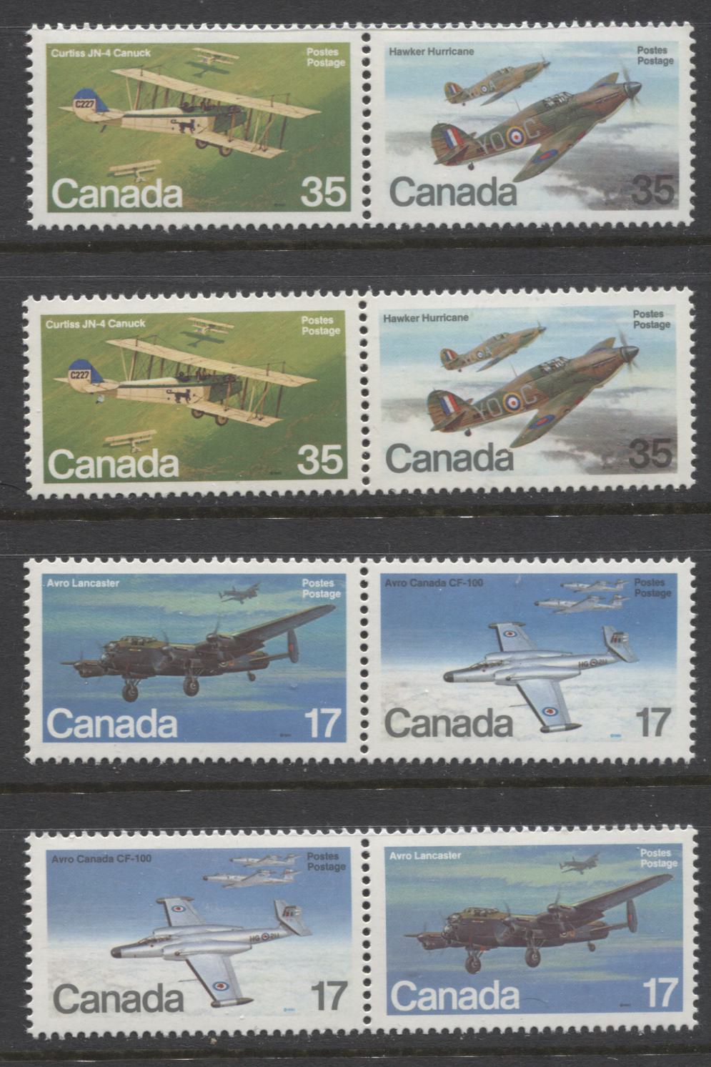 Lot 74 Canada #874a, 876a 17c Multicoloured Military Aircraft, 1980 Military Aircraft Issue, 4 VFNH Horizontal Se-Tenant Pairs, Various DF/DF and LF/LF Papers