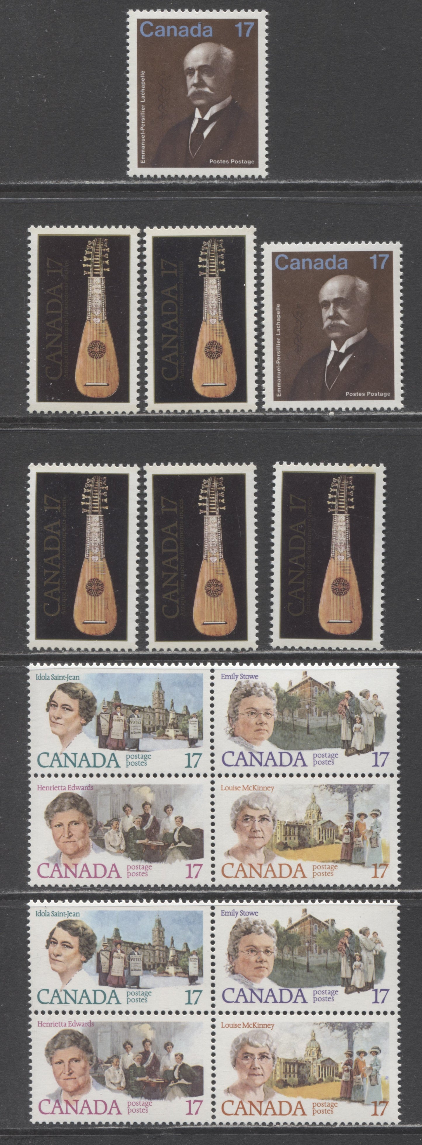 Canada #877-882a 17c Multicoloured E-P Lachapelle, Canadian Feminists, 1981 E-P Lachapelle & Canadian Feminists Issues, 2 VFNH Se-Tenant Blocks of 4 & 7 Singles, Various DF/DF, NF/NF, DF2/LF3 and DF1/DF2 Papers