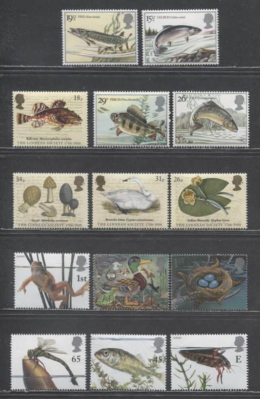 Lot 7 Great Britain SC#1011/1984 1982-2001 Marine Life - Europa Issues, 14 VFNH Singles, Click on Listing to See ALL Pictures, 2017 Scott Cat. $18.55