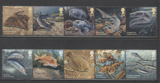 Lot 9 Great Britain SC#3295a/3304a 2014 Fish Issue, 2 VFNH Strips Of 5, 2017 Scott Cat. $21