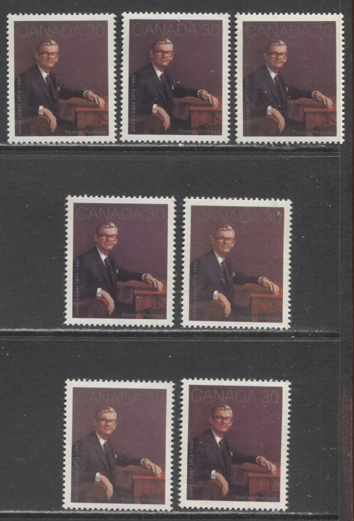 Lot 52 Canada #914-914i 30c Multicoloured Jules Leger, 1982 Jules Leger Issue, 7 VFNH Singles, Various NF/NF, NF/DF, DF/DF and DF/LF3-fl Papers, Two Shades of Claret Brown