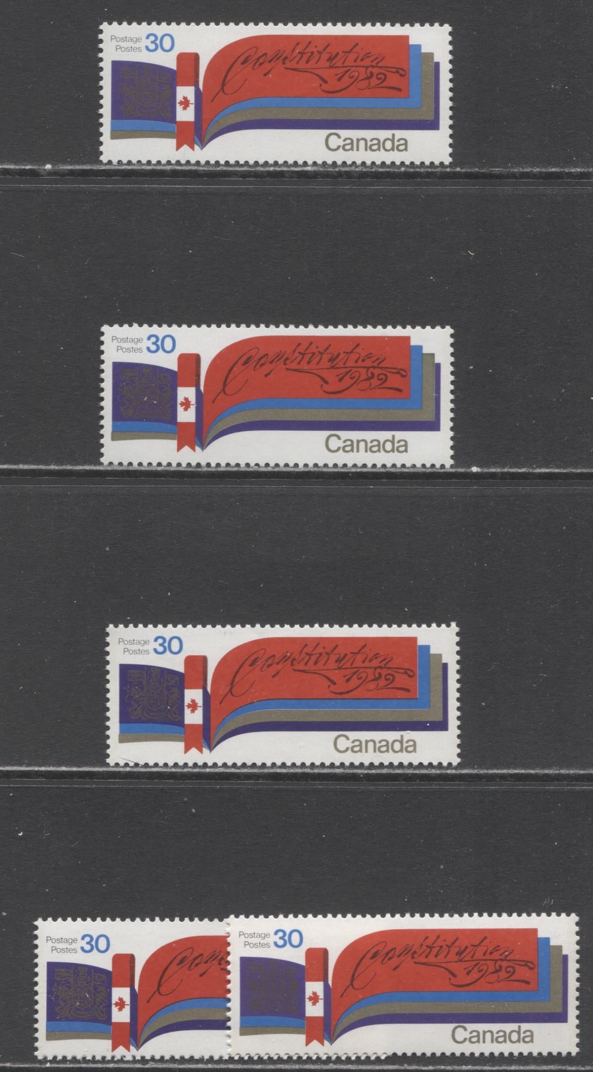 Canada #916-i 30c Multicoloured Stylized Book, 1982 New Constitution Issue, 5 VFNH Singles, DF/DF, LF/DF, LF/LF and LF/F Papers