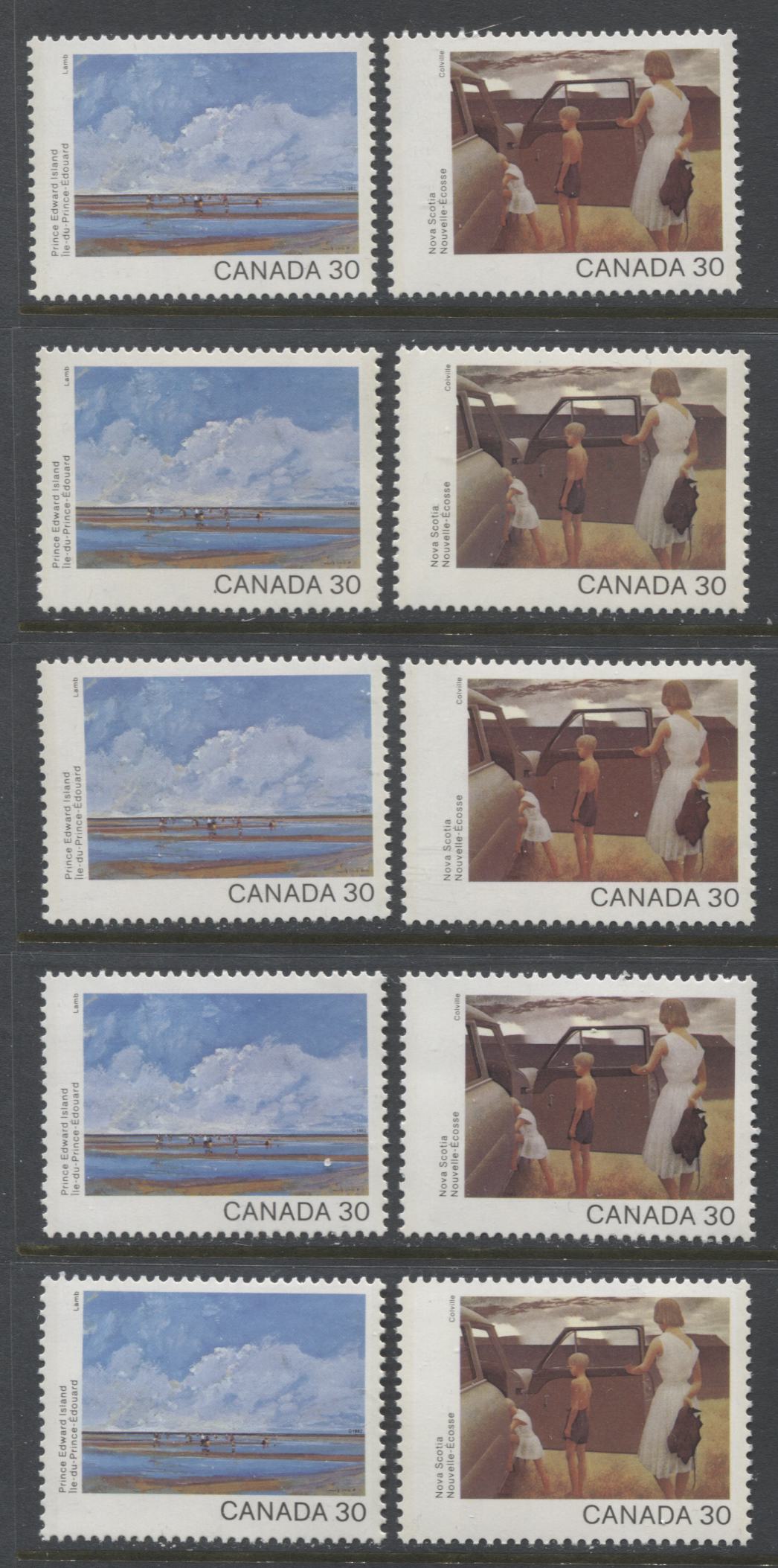 Lot 53 Canada #959-960 30c Multicoloured Prince Edward Island & Nova Scotia, 1982 Canada Day Issue, 10 VFNH Singles, On DF2/DF2, LF3/LF3-fl, DF1/DF1, NF/NF and DF1/NF-fl Papers