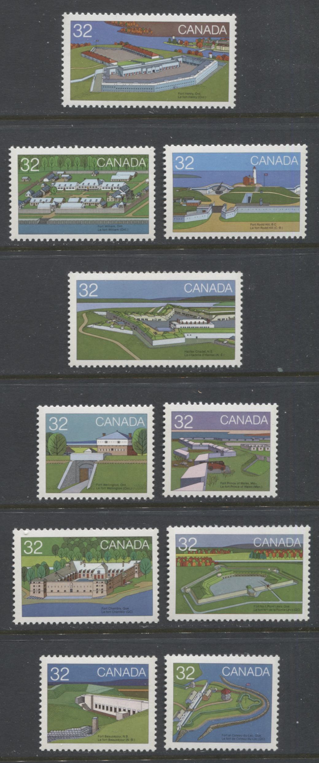 Lot 55 Canada #983-992 32c Multicoloured Fort Henry - Fort Boursejour, 1983 Canadian Forts Issue, 10 VFNH Singles, On LF3/MF7-fl Paper, Scarce, As Most Are Some Variation of DF/DF-fl or DF/LF3