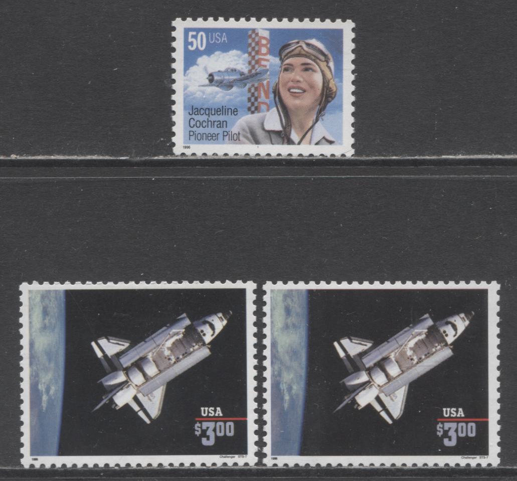 Lot 100 United States SC#2544/3066 1995-1996 Space Shuttle Challenger - Jacqueline Cochran Issues, 3 VFNH Singles, Click on Listing to See ALL Pictures, 2017 Scott Cat. $12.5