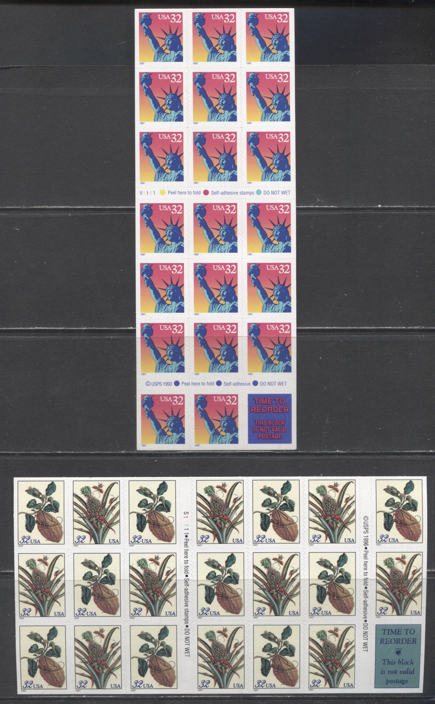 Lot 105 United States SC#2559a/3127a 1992-1997 Statue Of Liberty - Merian Botanical Prints Issues, 2 VFNH Blocks Of 18 & 20, Click on Listing to See ALL Pictures, 2017 Scott Cat. $24