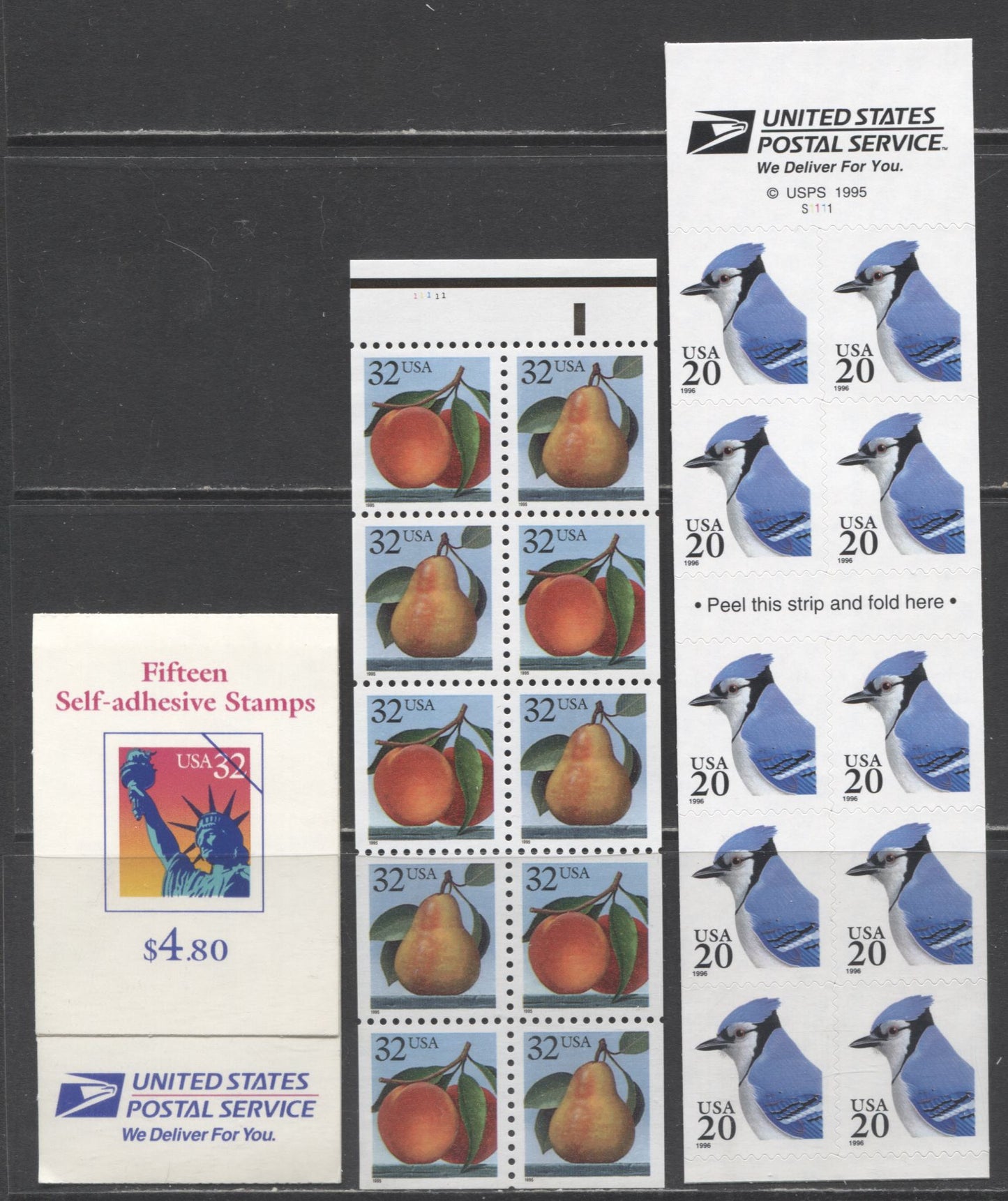 Lot 106 United States SC#2483a/3112d 1993-1997 Blue Jays, Fruits & Statue Of Liberty Issues, 3 VFNH Blocks Of 10 & Booklet Of 15, 2017 Scott Cat. $21.85
