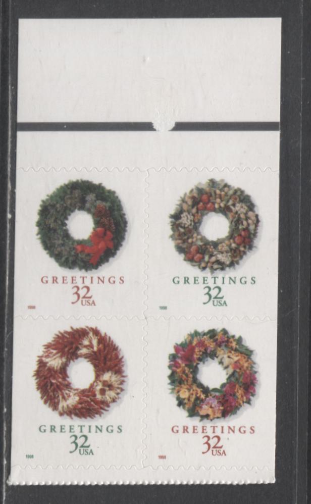 Lot 111 United States SC#3248a 32c Multicolored 1998 Christmas Issue, A VFNH Pane Of 4, Click on Listing to See ALL Pictures, 2017 Scott Cat. $17