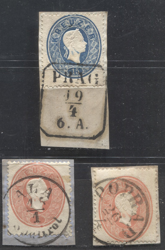 Lot 331 Austria - Czech Republic/Slovakia SC#14/16 1860-1861 Embossed Franz Joseph Issue, All On Piece, With SON CDS & Octagonal Cancels, Including Prague, Ala and Poprad, 3 Fine Used Singles, Click on Listing to See ALL Pictures, Estimated Value $10
