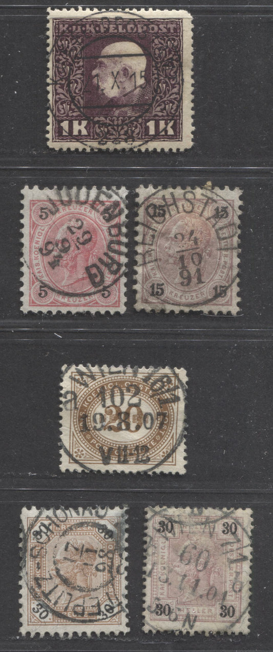 Lot 333 Austria SC#54/M43 1890-1915 Franz Joseph Keyplates - Military Stamps, All With SON CDS Cancels, Including Towns In The Czech Republic, 6 Fine & VF Used Singles, Click on Listing to See ALL Pictures, Estimated Value $10