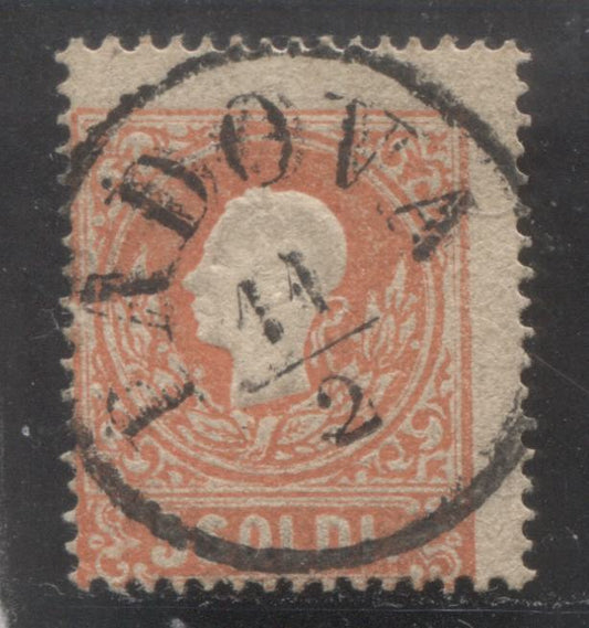 Lot 334 Austria - Lombardy Venetia SC#10a 5 Soldi Red 1858-1862 Franz Joseph Sidefaces, Type 1, With SON Padova CDS, A VG Used Single, Click on Listing to See ALL Pictures, Estimated Value $10