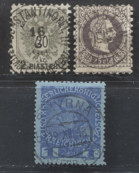 Lot 335 Austria - Offices in Turkish Empire SC#6b/49 1867-1908 Franz-Joseph, Arms & Birthday Issue, All With SON CDS Cancels Including Smyrna & Constantinople, 3 VG & VF Used Singles, Click on Listing to See ALL Pictures, Estimated Value $20