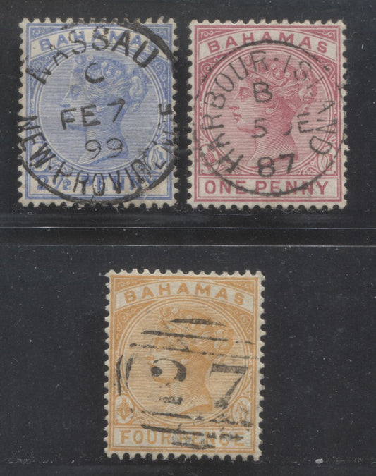 Lot 337 Bahamas SC#27-29 1884-1890 Queen Victoria Keyplates, All With SON Cancels, Including Nassau New Providence, Harbour Island And #27 Barred Numeral, 3 VF Used Singles, Click on Listing to See ALL Pictures, Estimated Value $20