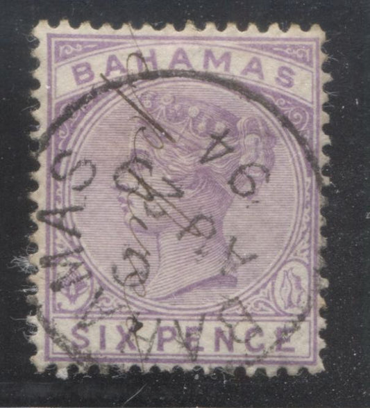 Lot 338 Bahamas SC#30 6d Violet 1884-1890 Queen Victoria Keyplates, With Fake August 29, 1894 Bahamas CDS Applied Over Manuscript Fiscal Cancel, A VF Used Single, Click on Listing to See ALL Pictures, Estimated Value $10