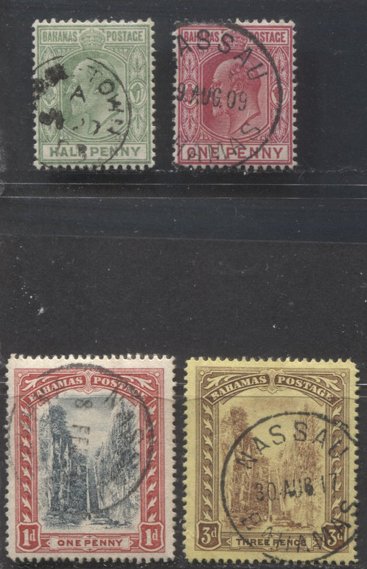 Lot 339 Bahamas SC#44-58a 1906-1919 King Edward VII Keyplates & Queen's Staircase, With SON Nassau & Duncan Town CDS Cancels, 4 VF Used Singles, Click on Listing to See ALL Pictures, 2022 Scott Classic Cat. $46.5