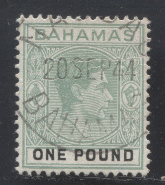 Lot 340 Bahamas SC#113 One Pound Blue Green & Black 1938-1946 King George VI Pictorial Definitive Issue, With Sept 20, 1944 SON Nassau CDS Cancel, VF Appearance, Light Horizontal Crease, A VG Used Single, Estimated Value $15