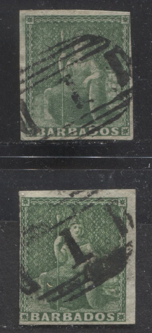 Lot 341 Barbados SC#5a 1/2d Yellow Green 1857 Britannia Issue, Both With SON #1 Barred Numeral Cancels, Each A slightly Different Shade of The Yellow Green On White Paper, 2 Fine Used Singles, Click on Listing to See ALL Pictures, Estimated Value $125