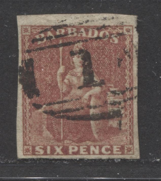 Lot 341A Barbados SC#8a 6d Deep Rose Red 1859 Britannia Issue, With SON #1 Barred Numeral Cancel, A VF Used Single, Click on Listing to See ALL Pictures, 2022 Scott Classic Cat. $210