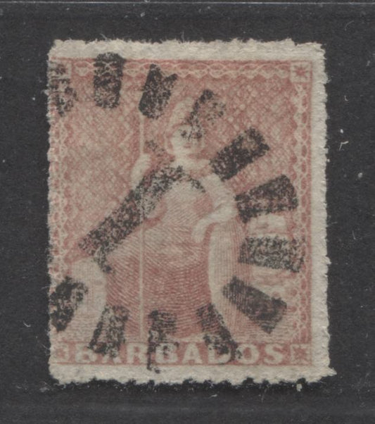 Lot 342 Barbados SC#17 4d Rose Red 1861 Britannia Issue, Unwatermarked, Rough Perf. 14-16, With SON #1 Barred Oval Cancel, A VF Used Single, Click on Listing to See ALL Pictures, 2022 Scott Classic Cat. $77.5
