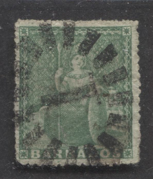 Lot 344 Barbados SC#15 1/2d Green 1861 Britannia Issue, Unwatermarked, Rough Perf. 14-16, With SON #1 Barred Oval Cancel, A VF Used Single, Click on Listing to See ALL Pictures, Estimated Value $35