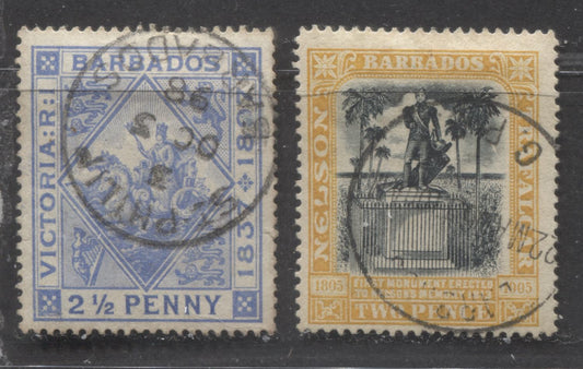 Lot 345 Barbados SC#84/105 1897-1906 Jubilee Issue & Nelson  Centenary Issue, With SON October 5, 1898 St. Philip and May 22, 1906 Barbados GPO CDS cancels, 2 F/VF Used Singles, Click on Listing to See ALL Pictures, Estimated Value $5