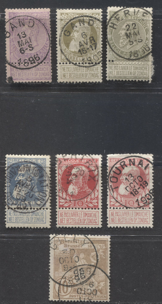 Lot 347 Belgium SC#67/87 1893-1911 Leopold II Keyplates, With Sunday Labels & SON Town Cancels, Including Herve, Gand, Gilly, Bertrix, Tournai, Couvain Station. 7 VG & VF Used Singles, Click on Listing to See ALL Pictures, Estimated Value $35