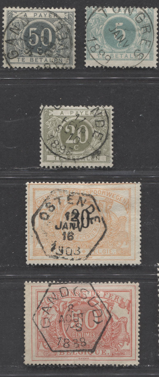 Lot 350 Belgium SC#J3a/Q25 1882-1909 Parcel Post & Postage Due, All With SON Town Cancels, 5 VG, F & VF Used Singles, Click on Listing to See ALL Pictures, Estimated Value $5