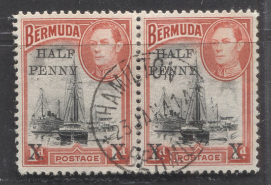 Lot 350A Bermuda SC#129 1d Rose Red & Black 1940 Surcharge, With January 23, 1941 SON Hamilton CDS Cancel, A VF Used Pair, Click on Listing to See ALL Pictures, 2022 Scott Classic Cat. $6