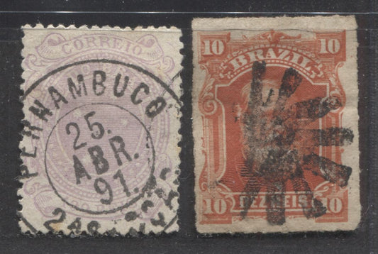 Lot 352 Brazil SC#68-102 1878-1891 Dom Pedro & Southern Cross Issue, With Fancy Sunburst Cork and SON April 25, 1891 Pernambuco CDS Cancel, 2 F/VF Used Singles, Click on Listing to See ALL Pictures, Estimated Value $8