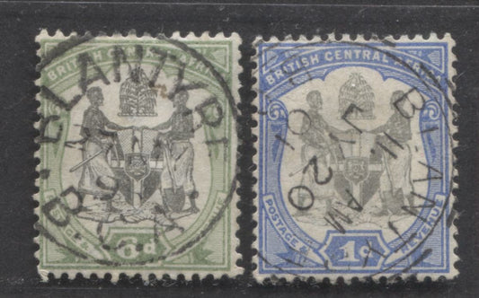 Lot 353 British Central Africa SC#43/48 1897-1901 Arms Design Keyplates, With SON May 27, 1898 and July 20, 1901 Blantyre CDS Cancels, 2 F/VF Used Singles, Click on Listing to See ALL Pictures, Estimated Value $10