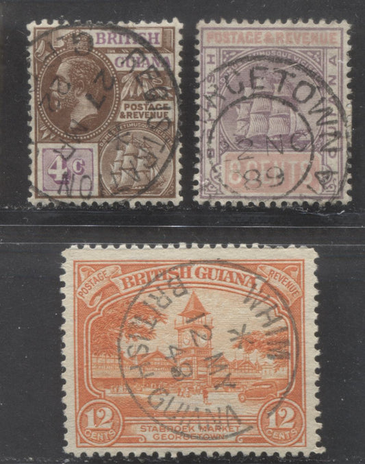 Lot 355 British Guiana SC#139-215 1889-1934 Seal of The Colony Keyplates - Pictorial Definitives, All With SON CDS Town & Registration Cancels, 3 VF Used Singles, Click on Listing to See ALL Pictures, Estimated Value $7