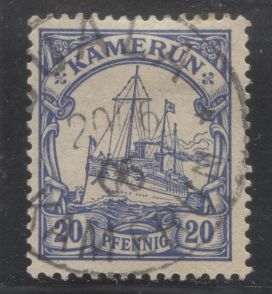 Lot 356A Cameroun SC#10 20pf Ultramarine 1900 Kaiser Yachts, With SON June 20, 1906 Douala CDS Cancel, A VF Used Single, Click on Listing to See ALL Pictures, 2022 Scott Classic Cat. $1.75