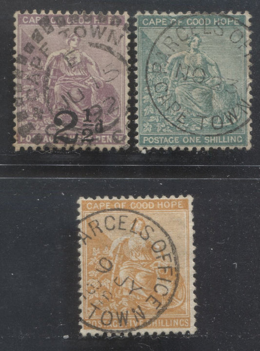 Lot 357 Cape of Good Hope SC#50/55 1884-1891 Seated Hope Keyplates, With SON Cape Town & Parcels Office Cancels, Cabled Anchor Watermark, 3 VF Used Singles, Click on Listing to See ALL Pictures, Estimated Value $15