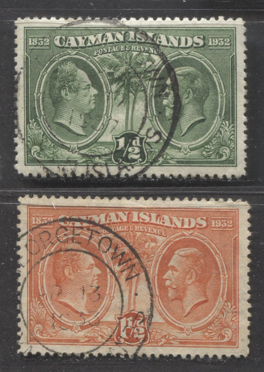 Lot 358 Cayman Islands SC#70/72 1932 Centenary Issue, With SON April 13, 1933 and December 17, 1937 Georgetown CDS Cancels. 2 F/VF Used Singles, Click on Listing to See ALL Pictures, Estimated Value $10